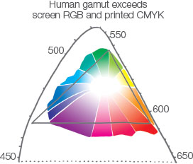 Image titled “Human gamut exceeds screen RGB and printed CMYK,” with the colors that a printer is capable of printing, arranged in a circular pattern but with a roughly triangular outline. A triangle is superimposed on the same, covering most of the colors, along with some extra space. A large arch contains both of these, along with significant extra space.