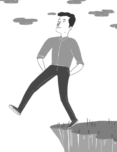 Diagrammatic illustration of a person walking, not watching his step and about to fall.