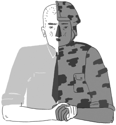 Diagrammatic illustration of a corporate warrior.