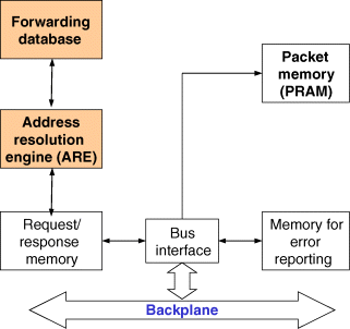 Figure depicts Packet Memory (PRAM) and Address Resolution Engine (ARE) card.