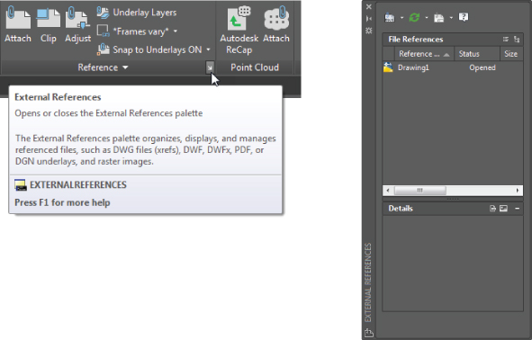 Left: External References palette, with arrowhead cursor hovered over an expand icon pointing southeast with text, “External…” on the extended tip box. Right: Window displaying File References and Details box.