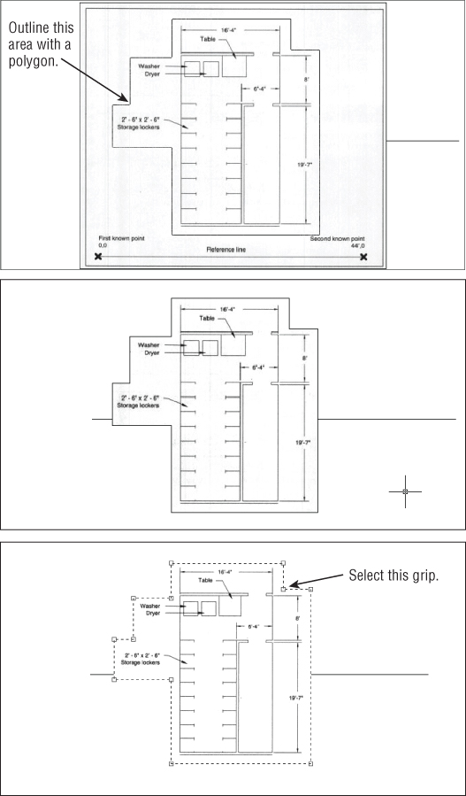 Drawing area displaying 3 labeled floor plans, each with arrow (except for the middle panel) indicating Outline this area with a polygon (top panel) and Select this grip (bottom panel).
