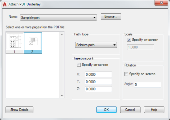 Attach PDF Underlay dialog box, displaying Name drop-down box with a Browse button at the side (top), Preview panel with 2 PDF pages (left), with unchecked and checked boxes for Specify on-screen (right).