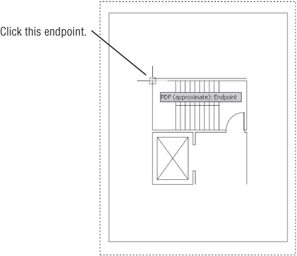 Viewport panel displaying a line at the left endpoint of the horizontal line near the top of the drawing indicating “Click this endpoint.”