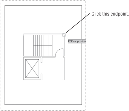 Viewport panel displaying a drawing with a line at the top right endpoint (box) indicating “Click this endpoint.”
