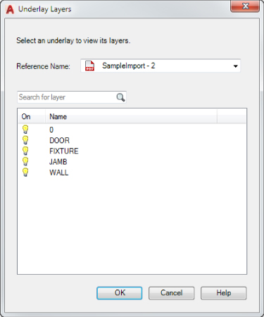 Underlay Layers dialog box, with a drop down box labeled Sampleport-2 as the Reference Name, a Search entry field, and list box having 2 columns for On and Name with 5 row entries labeled 0, DOOR, FIXTURE, JAMB, etc.