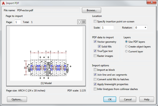 Import PDF dialog box displaying text box labeled PDF vector.pdf for the file name with browse button at the right side, preview panel, and checkboxes under PDF data to import, layers, and import options panels.