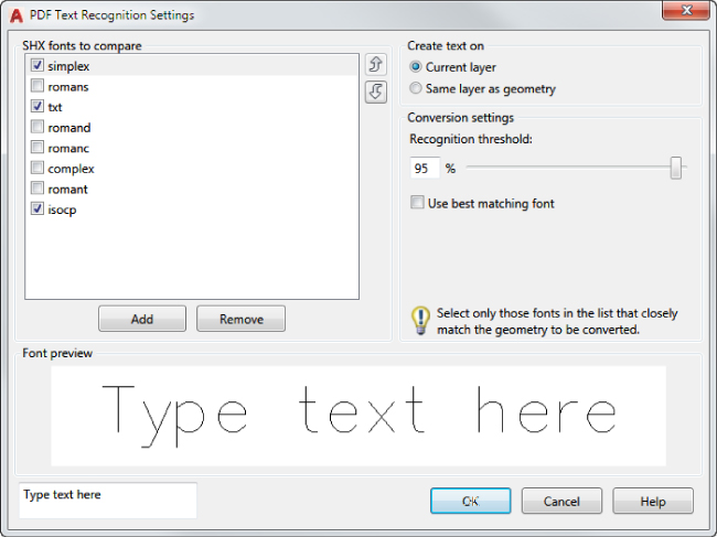 PDF Text Recognition Settings dialog box displaying selected simple, txt, and isocp checkboxes under SHX fonts to compare panel, current layer option button under create text on panel, and text box for font preview.