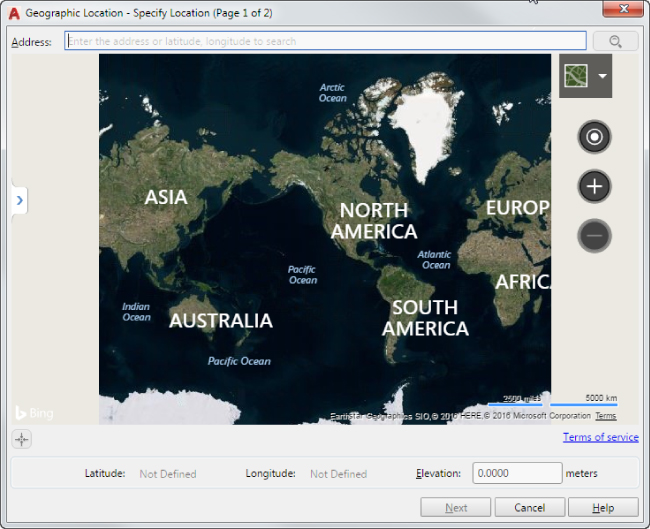 Geographic Location dialog box displaying a cropped image of the world map depicting Asia, Australia, North America, South America, Europe, and Africa. Above the image is a text box for address and a search.