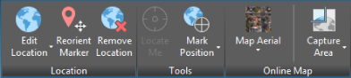 Geolocation Ribbon tab panels for location (edit location, reorient marker, and remove location), tools (locate me and mark position tools), and online map (map aerial and capture area) (left–right).