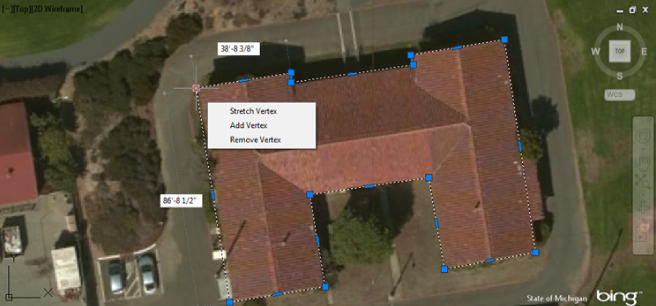 Aerial view of a building with polyline around the building outlines and text boxes labeled 86’-8 1/2'” and 38’-8 3/8” indicating the dimensions of the outline and another box labeled stretch, add, and remove vertices.