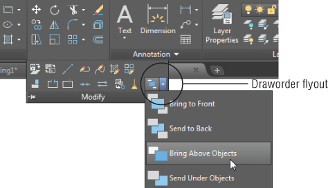Selected Bring Above Objects under draworder flyout displayed on the home tab’s expanded modify panel.