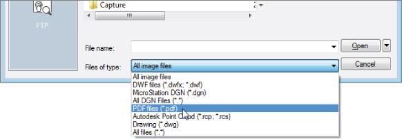 Files of Type drop-down list with highlighted text “PDF files (*.pdf)”.