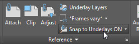 Insert tab’s Reference panel with a cursor pointing to the highlighted “Snap to Underlays ON” drop-down list.