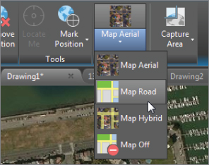 Online Map panel with a cursor pointing to Map road option from the Map Aerial flyout.