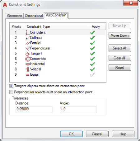 Constraint Settings dialog box with AutoConstrain tab. The dialog displays types of Constraints with a checked box along Tangent objects must share an intersection point. At bottom are OK, Cancel, and Help buttons.