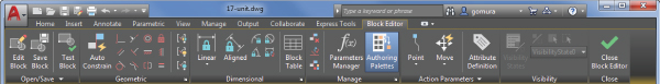Block Editor tab containing various tools such as Edit Block, Save Block, Text Block, AutoConstrain, Geometric, Dimensional, Block Table, Manage, Action Parameters, Visibility, and Close Block Editor.
