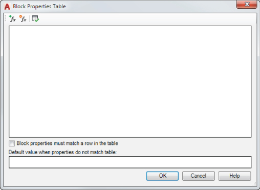 Block Properties Table dialog box with Add Properties tool in the upper-left corner and an entry field for Default value when properties do not match table at bottom. Below the field are OK, Cancel, and Help buttons. 