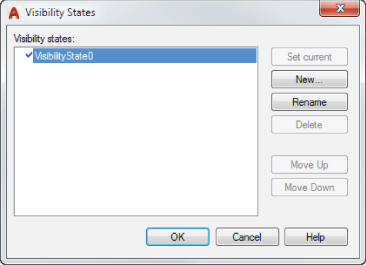 Visibility States dialog box with a check mark along VisibilityState0. At right are New and Rename buttons. At bottom are OK, Cancel, and Help buttons.