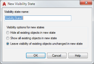 Visibility States dialog box with a field labeled VisibiliutyState0 and with selected Leave visibility of existing objects unchanged in new state. At bottom are OK, Cancel, and Help buttons.