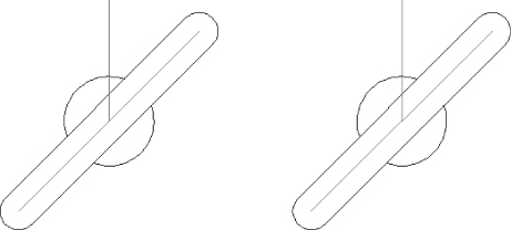 2 Illustrations displaying 2 parallel lines connected by 2 arcs with a vertical line at the center. The lines are oriented in sloping manner.