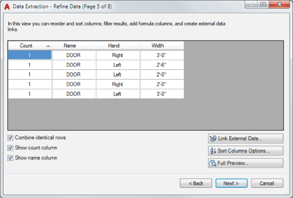Data Extraction - Refine Data (Page 5 of 8) dialog box displaying a table with columns labeled Count, Name, Hand, and Width and checked boxes for Combine identical rows, Show count column, and Show name column.