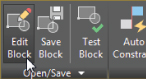 Block Editor’s Open/Save panel displaying Edit Block, Save Block, Test block, and Auto Constraint tools. A mouse pointer is placed on the Edit block tool.
