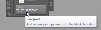 A mouse pointer placed on the Basepoint tool with description “Adds a base point parameter to the block definition.”