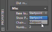 Properties palette displaying Misc section with Base location option having a drop-down list and mouse pointer placed on the Midpoint option.
