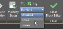 Block Editor tab’s Visibility panel displaying a drop-down list of Standard, Jetted, and Corner options. A mouse pointer is placed on the Jetted option.