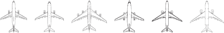 6 Schematics of aircrafts in series, illustrating civil aircraft wing planform shapes.
