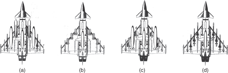 4 Illustrations of the F-117A Nighthawk displaying the air interdiction, close air support, air defence, and maritime attack (left to right) configurations of the aircraft.