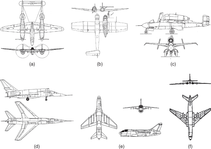 Two-view illustrations of three aircrafts with twin fuselage engines, asymmetric engine B & V141, and over fuselage - Heinkel 162 (from left to right).; Two-view illustrations of three aircrafts with over fuselage - F107, forward intake - Corsair, and engines at side of fuselage (from left to right).