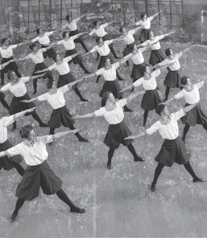 Photograph depicts a group of women doing exercise.