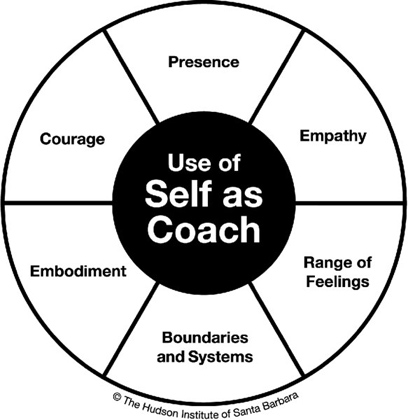 Image with two concentric circles, with the smaller inner circle being shaded solid and labeled “use of self as coach.” The area between the circumferences of the inner and outer circles is divided into six equal parts, labeled “presence,” “empathy,” “range of feelings,” “boundaries and systems,” “embodiment,” and “courage.”
