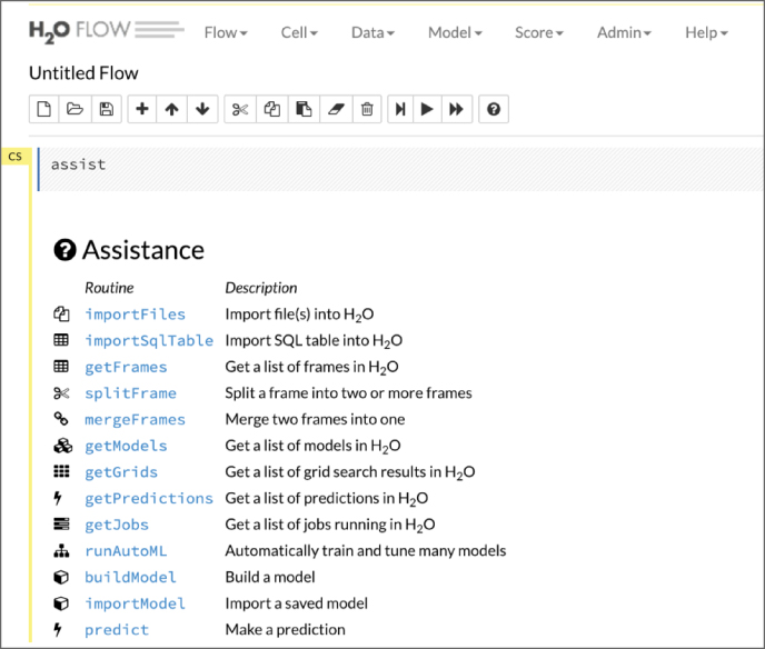 Screenshot of the H2O web user interface untitled flow depicting some icons for routine assistance and description.