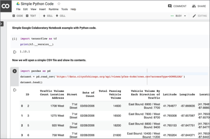 “Screenshot of the example of a notebook with code snippets for checking the TensorFlow library and downloading a public dataset using the Pandas library.”