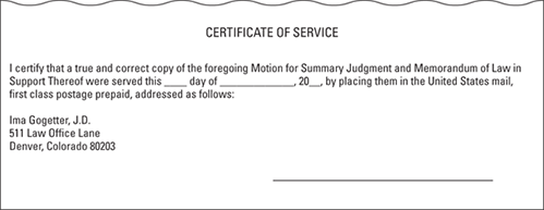 Illustration of the continuation of the sample motion for summary judgment, presenting the certificate of service submitted by the attorney of the defendant.