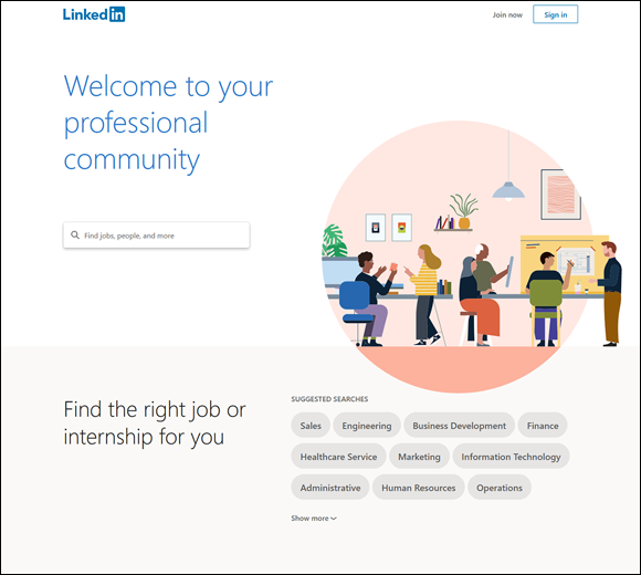 Screenshot to sign in to the professional social networking site LinkedIn, the best place to start to meet other professionals online and to find the right job or internship.