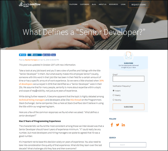 Screenshot of the Stack Overflow Talent website page displaying information through several articles about career development for programmers.