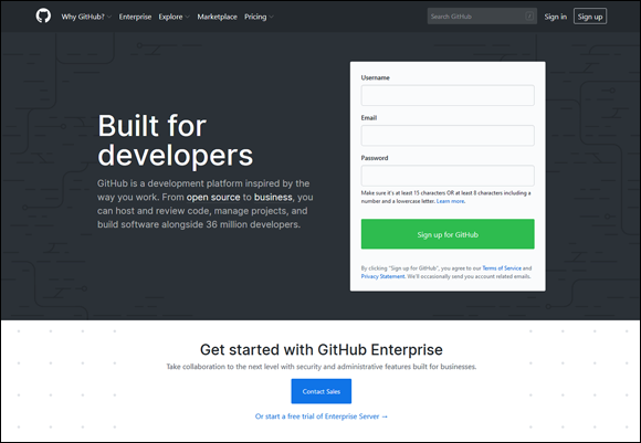 Screenshot of the GitHub website to sign up for free in the GitHub profile to interact with other software developers.