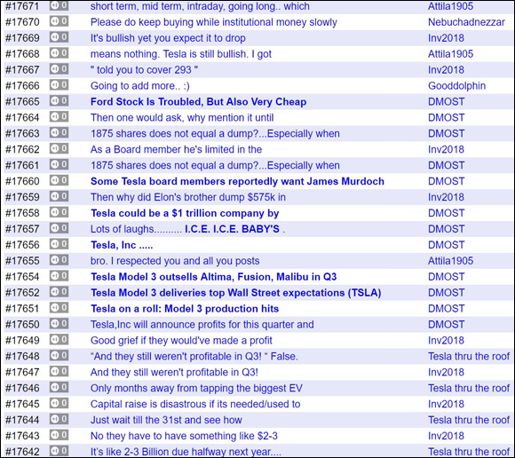 Screenshot presenting a message board providing inaccurate information about a car company's prospects and leadership.