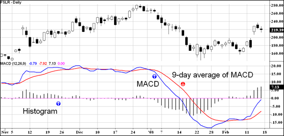 Grid chart depicting the shares of a company with the MACD indicator applied along with the nine-day moving average of the MACD line.