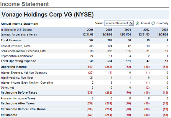 Snapshot presenting the annual income statement of a Holdings corporation, from the year 2002 through 2006.