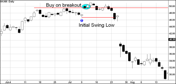 Grid chart depicting the shares of a company bought on a breakout, which began to falter and fell back on a initial swing low specified as a point of exit.