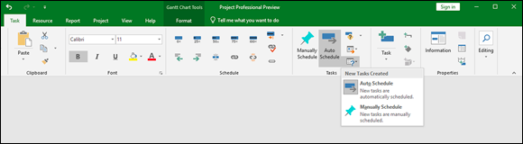 Screenshot of the Project Professional review window enabling to change the task mode from the Ribbon, by choosing the Auto Schedule or Manually Schedule options.