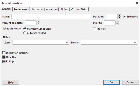 Screenshot of the Task Information dialog box that provides a kind of centralized information form that contains all the information about a task.
