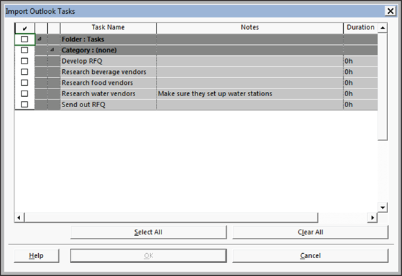 Screenshot of the Import Outlook Tasks dialog box for importing task information into a project.