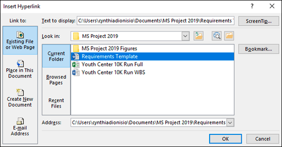 “Screenshot of the Insert Hyperlink dialog box to insert hyperlinks in a project outline, which provides a handy way to quickly open another project, or a web page.”