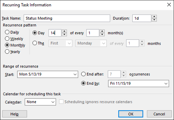 Screenshot of the Recurring Task Information dialog box to insert a recurring task for a monthly meeting on the 14th day of every month.